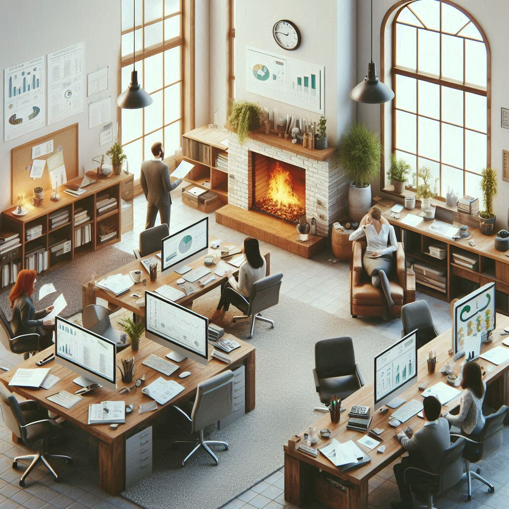 our-services-02 a cozy office with four desks with computers and calculators and other accessories with a single centrally located fireplace, with people discussing and holding papers and graphs