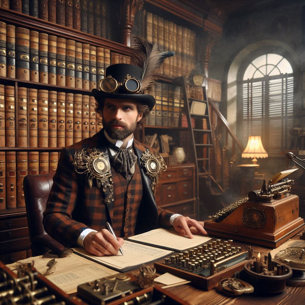our-services-01 a steampunk and victorian themed bookkeeping office with a gentleman wearing steampunk accoutrements
