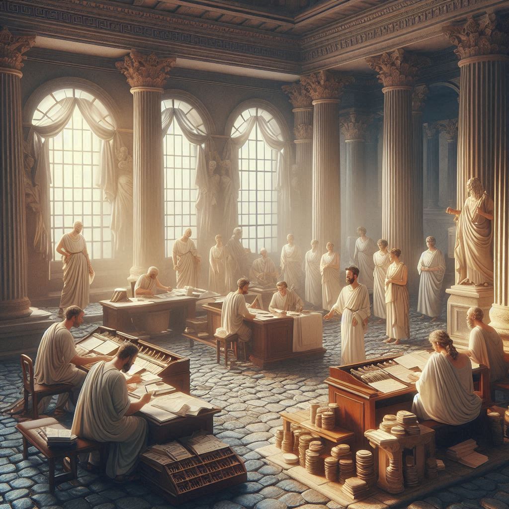 about-us ancient rome or greek bookkeeping office, alternate view, with people in togas